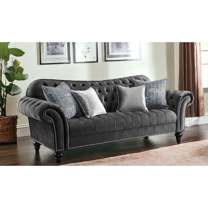 96" Dark Gray Velvet Sofa And Toss Pillows With Black Legs Image 6