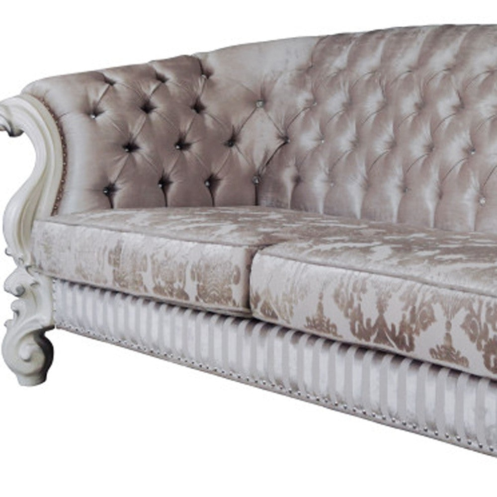 99" Ivory Velvet Damask Sofa And Toss Pillows With Bone Legs Image 3