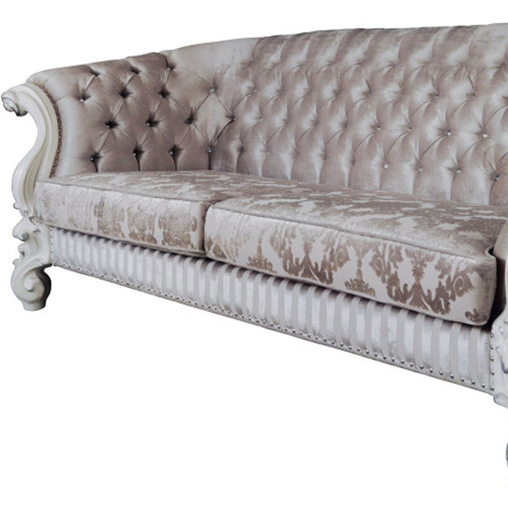 99" Ivory Velvet Damask Sofa And Toss Pillows With Bone Legs Image 4