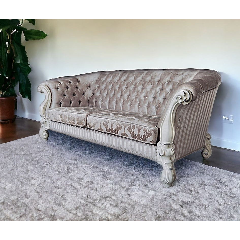 99" Ivory Velvet Damask Sofa And Toss Pillows With Bone Legs Image 5