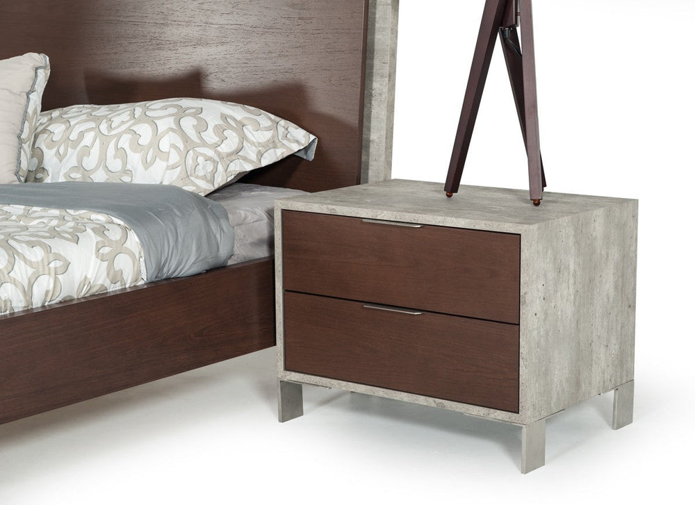 Modern Dark Walnut and Concrete Nightstand with Two Drawers Image 2