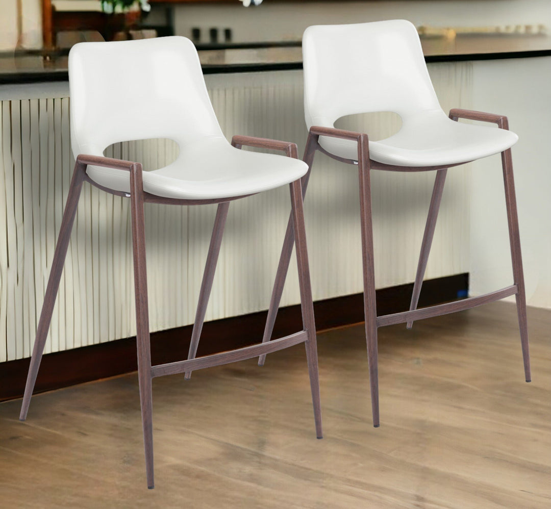 Set of Two 26" White And Brown Steel Low Back Counter Height Bar Chairs Image 4