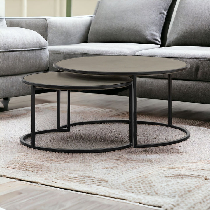 Set of Two 32" Gray And Black Concrete And Metal Round Nested Coffee Tables Image 9