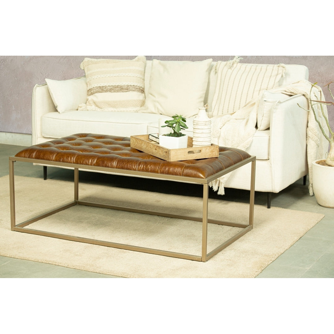 Ezra Tufted Coffee Table in Brown Leather Image 1