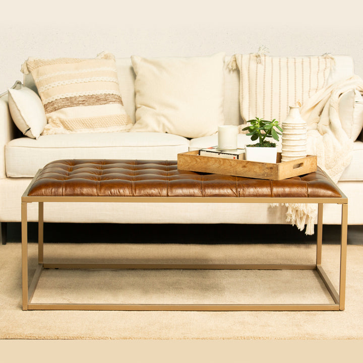 Ezra Tufted Coffee Table in Brown Leather Image 4