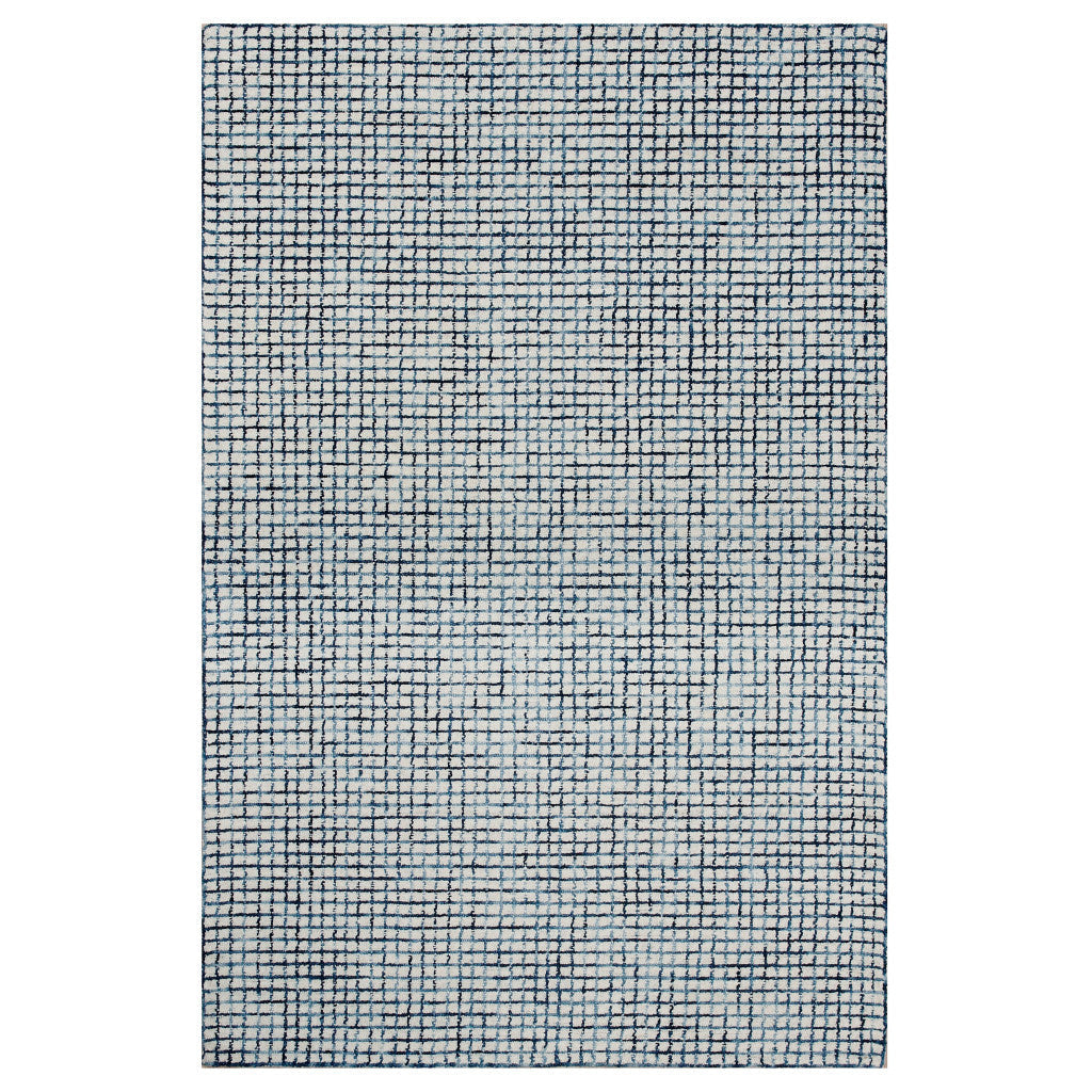 10 x 14 Blue and Ivory Wool Checkered Hand Hooked Area Rug Image 1