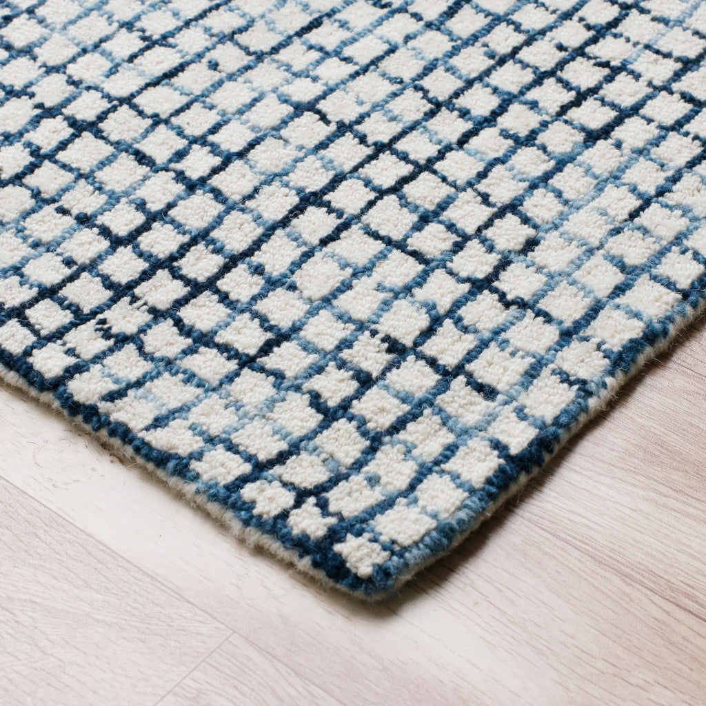 10 x 14 Blue and Ivory Wool Checkered Hand Hooked Area Rug Image 7