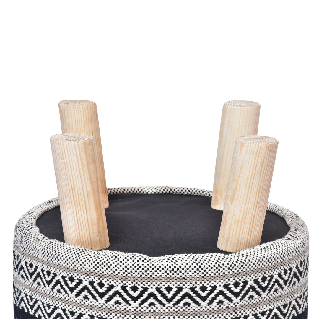 16" Black And White Cotton And Natural Round Chevron Ottoman Image 3