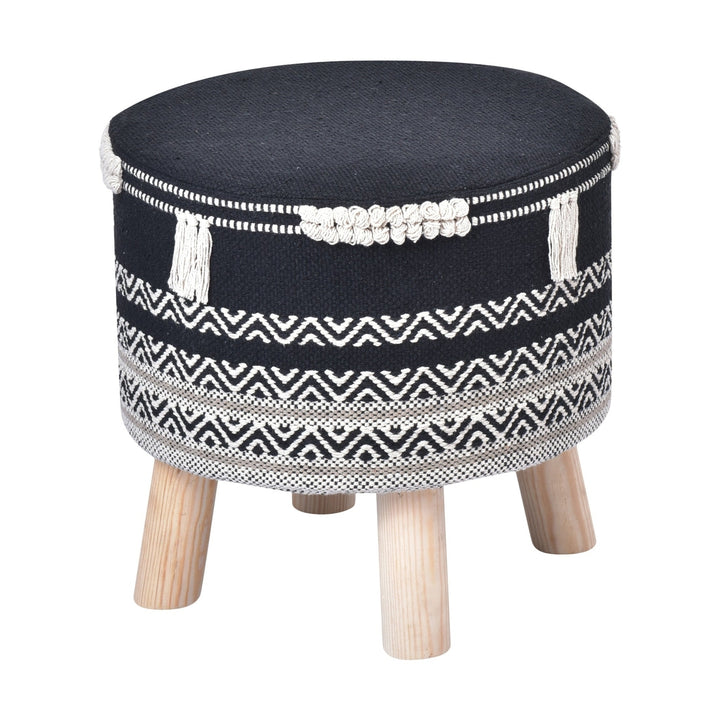 16" Black And White Cotton And Natural Round Chevron Ottoman Image 6