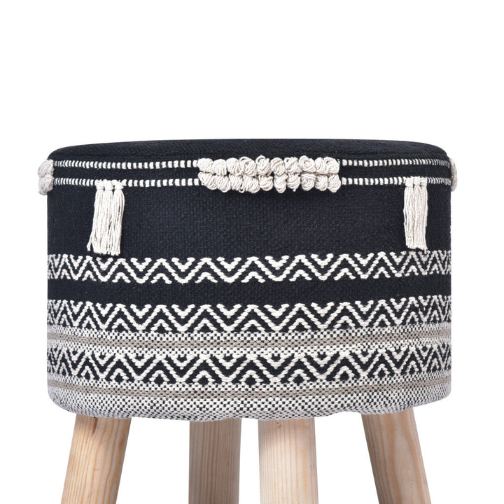 16" Black And White Cotton And Natural Round Chevron Ottoman Image 7