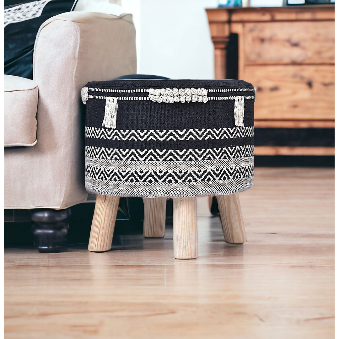 16" Black And White Cotton And Natural Round Chevron Ottoman Image 10