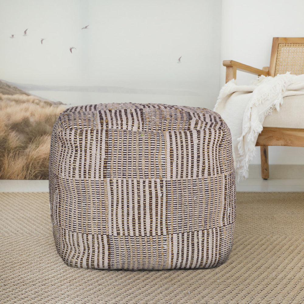 18" Brown Cotton Cube Geometric Pouf Ottoman Image 2