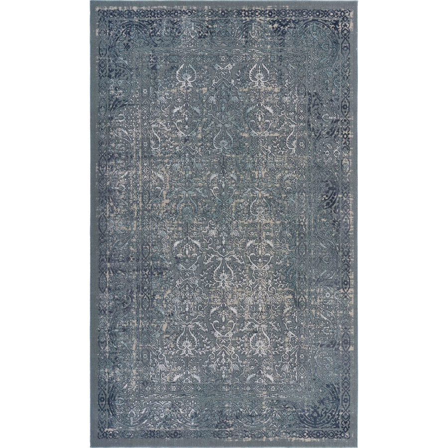 2 X 3 Blue Silver Gray And Cream Damask Distressed Stain Resistant Area Rug Image 1