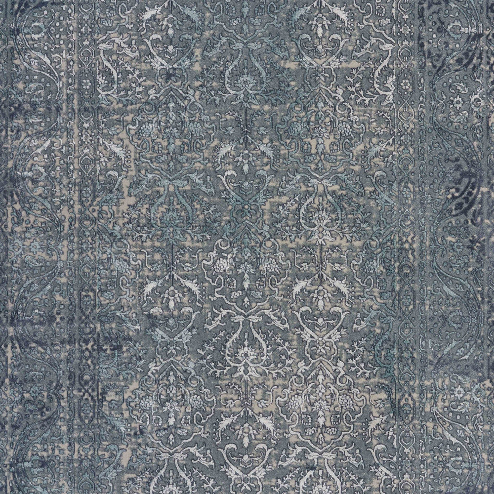 2 X 3 Blue Silver Gray And Cream Damask Distressed Stain Resistant Area Rug Image 2