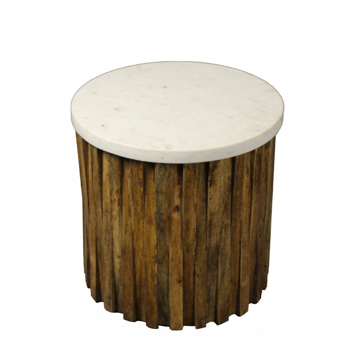 20" Brown And Ivory Marble And Solid Wood Round End Table Image 1