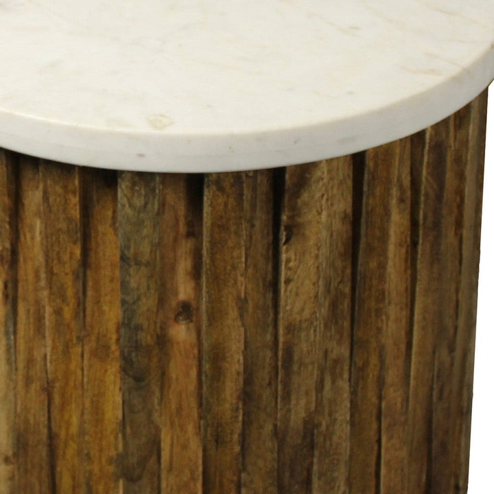 20" Brown And Ivory Marble And Solid Wood Round End Table Image 3