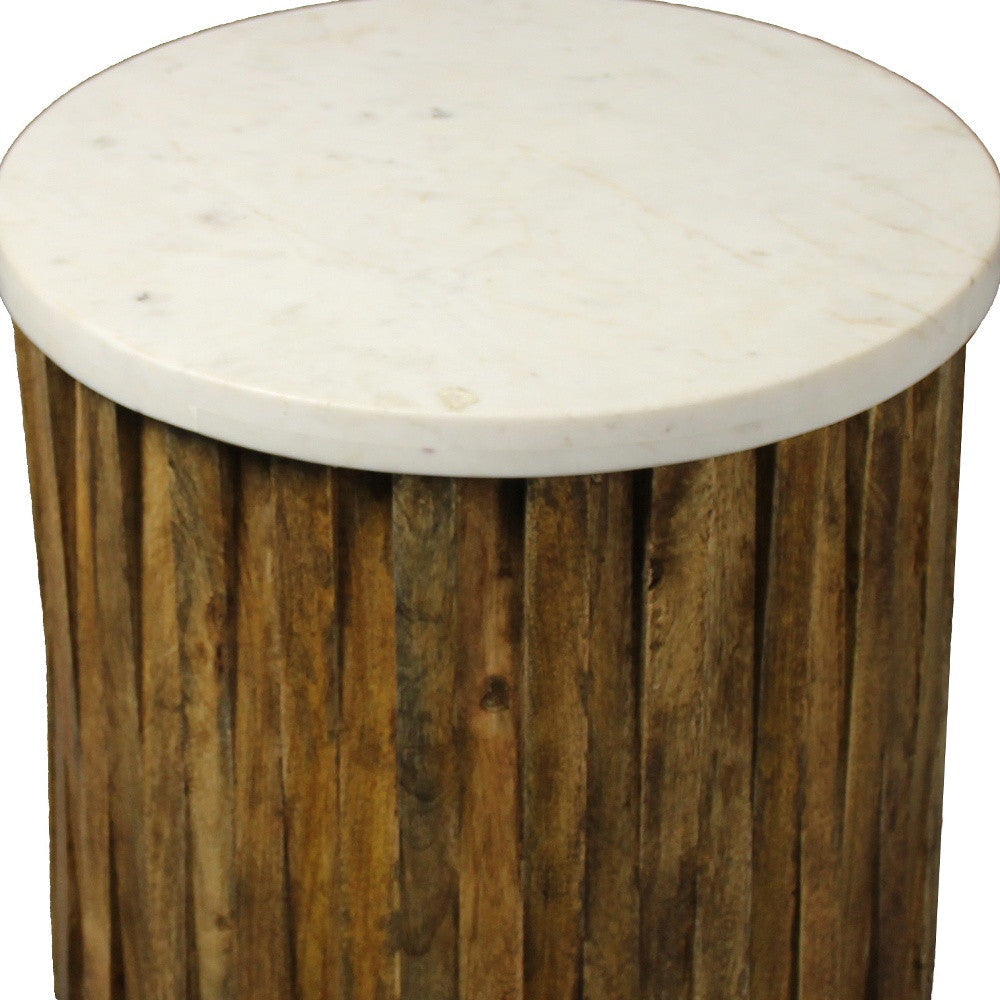 20" Brown And Ivory Marble And Solid Wood Round End Table Image 4