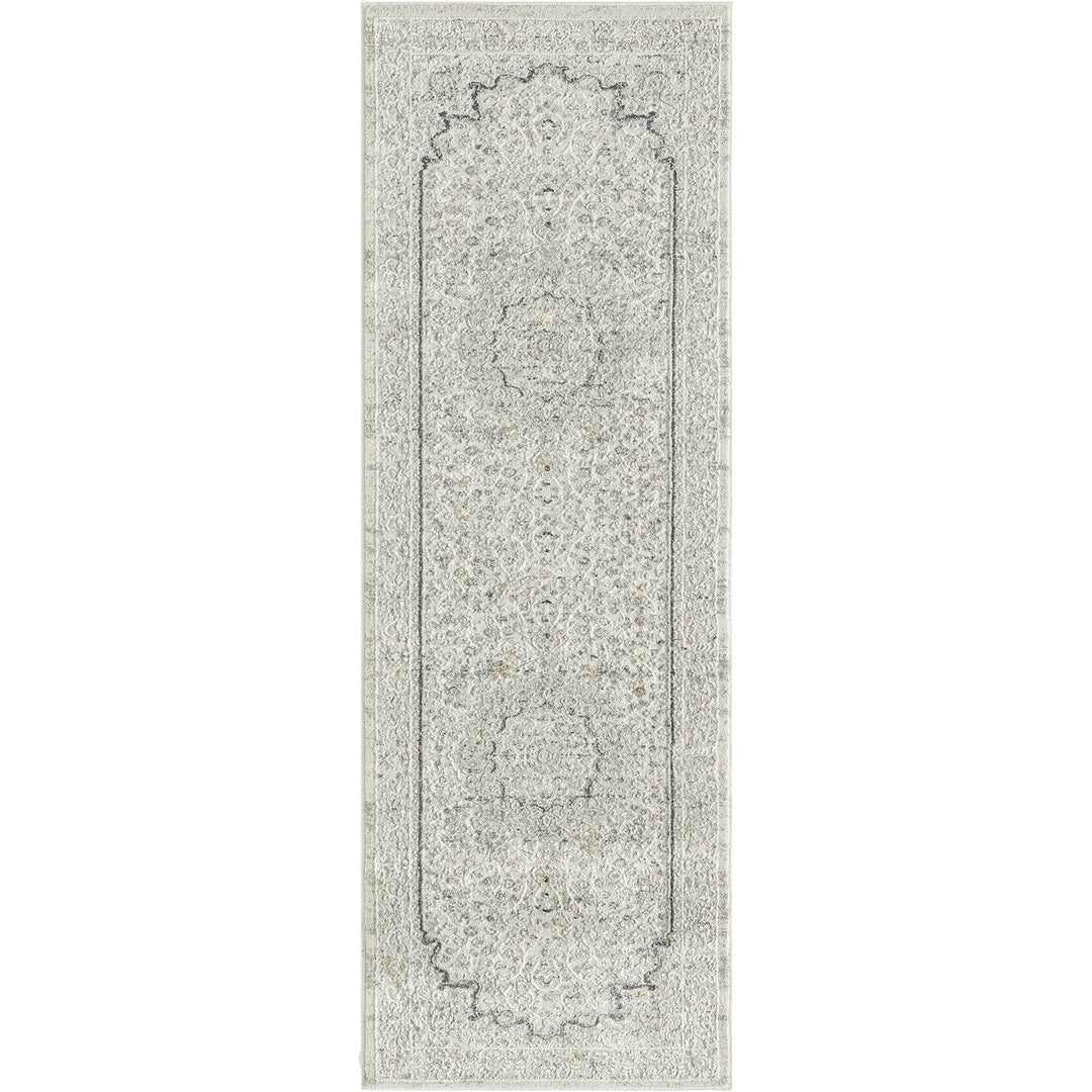 2 X 6 Ivory and Gray Floral Medallion Power Loom Stain Resistant Area Rug Image 1