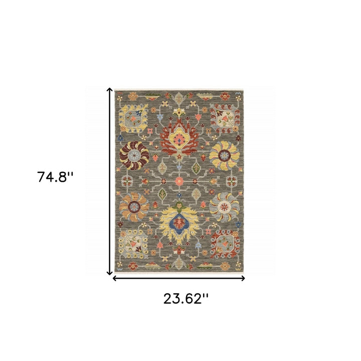 2 X 6 Grey Charcoal Yellow Blue Rust Red Pink Green And Ivory Oriental Power Loom Stain Resistant Runner Rug With Fringe Image 8