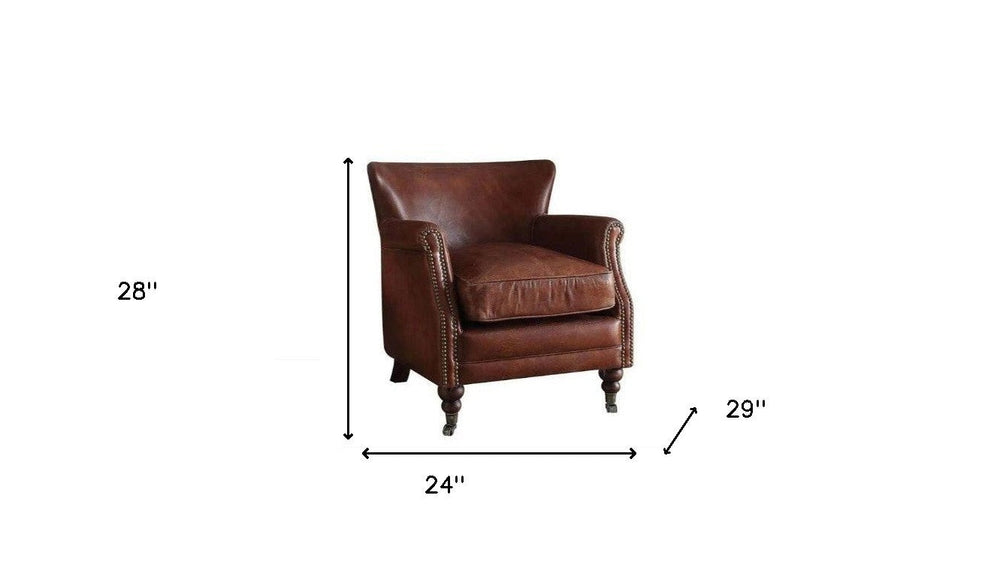 24" Vintage Dark Brown Top Grain Leather And Brown Solid Color Wingback Chair Image 2