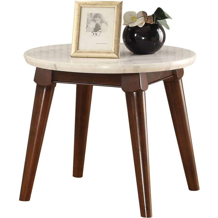 22" Walnut And White Faux Marble Round End Table Image 1