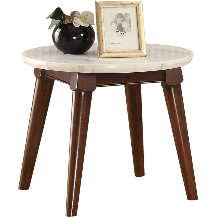 22" Walnut And White Faux Marble Round End Table Image 3