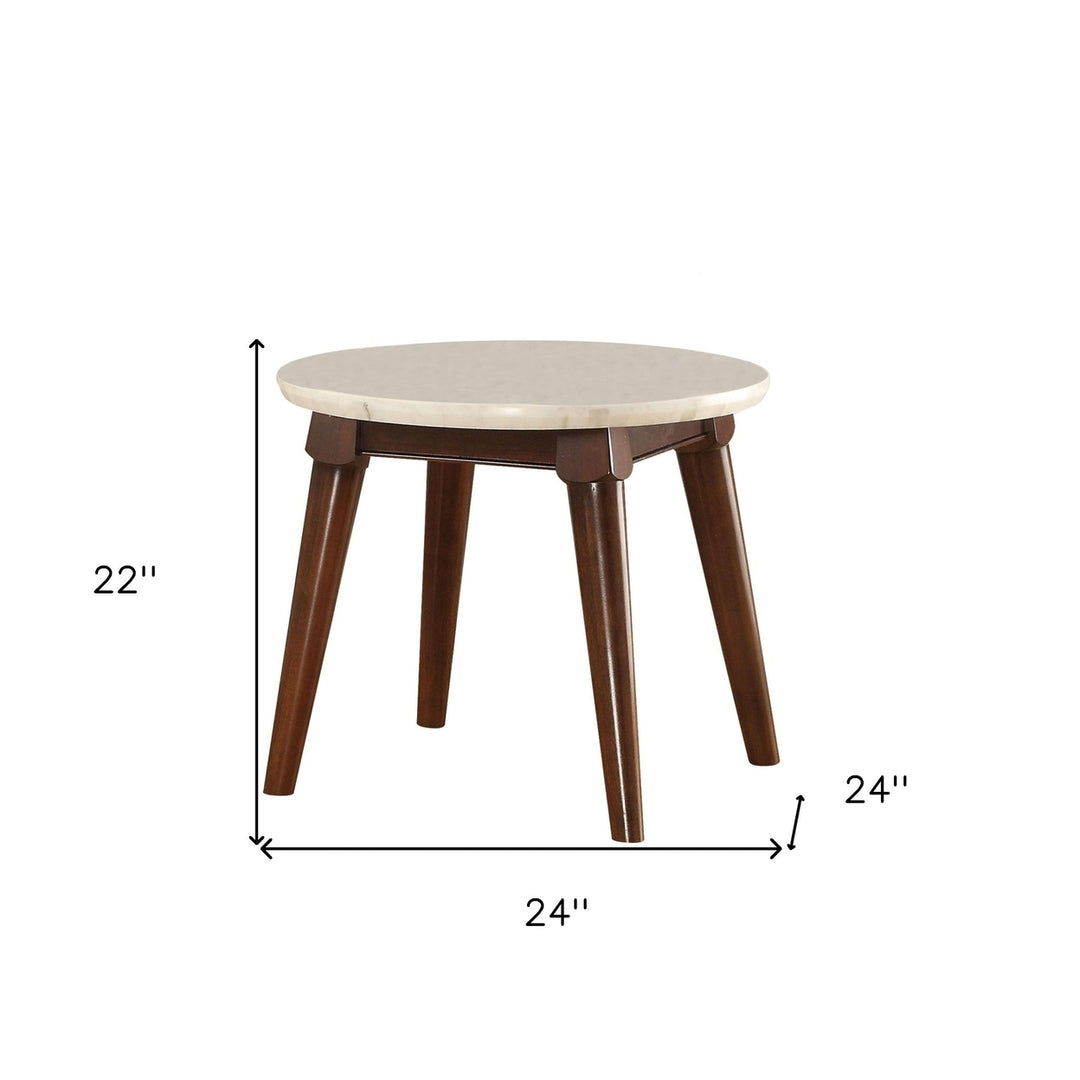 22" Walnut And White Faux Marble Round End Table Image 7