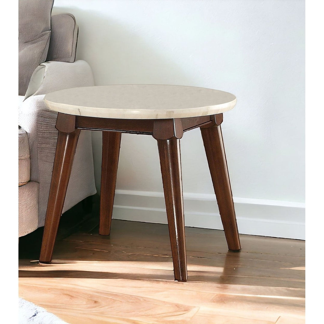 22" Walnut And White Faux Marble Round End Table Image 8