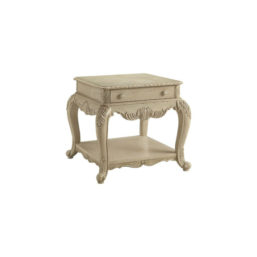 26" Antique White Manufactured Wood And Polyresin Rectangular End Table With Drawer And Shelf Image 1