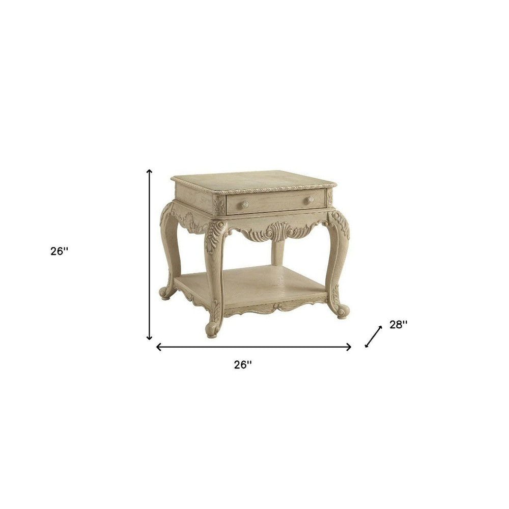 26" Antique White Manufactured Wood And Polyresin Rectangular End Table With Drawer And Shelf Image 2