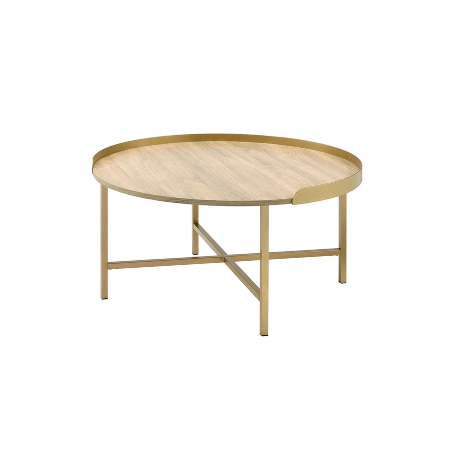 34" Gold And Oak Manufactured Wood And Metal Round Coffee Table Image 1