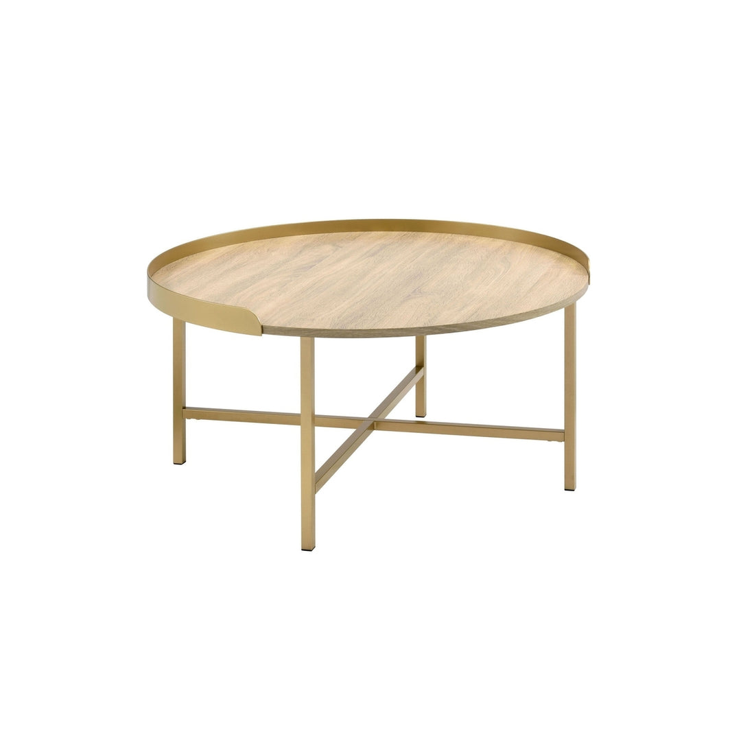 34" Gold And Oak Manufactured Wood And Metal Round Coffee Table Image 4