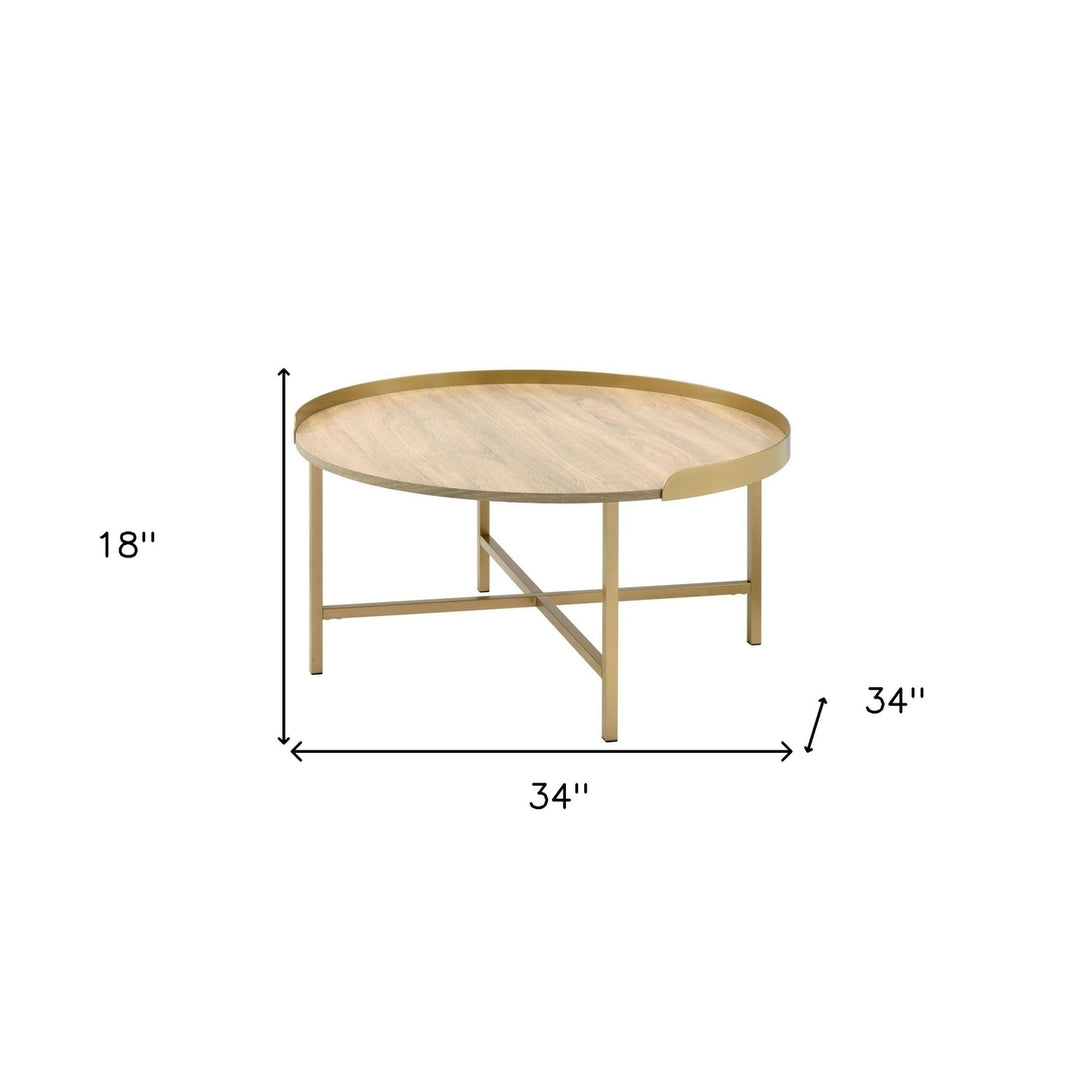 34" Gold And Oak Manufactured Wood And Metal Round Coffee Table Image 6