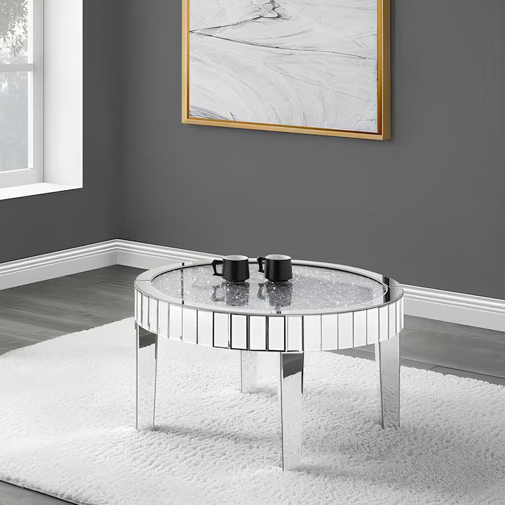 32" Clear And Silver Glass Round Mirrored Coffee Table Image 7