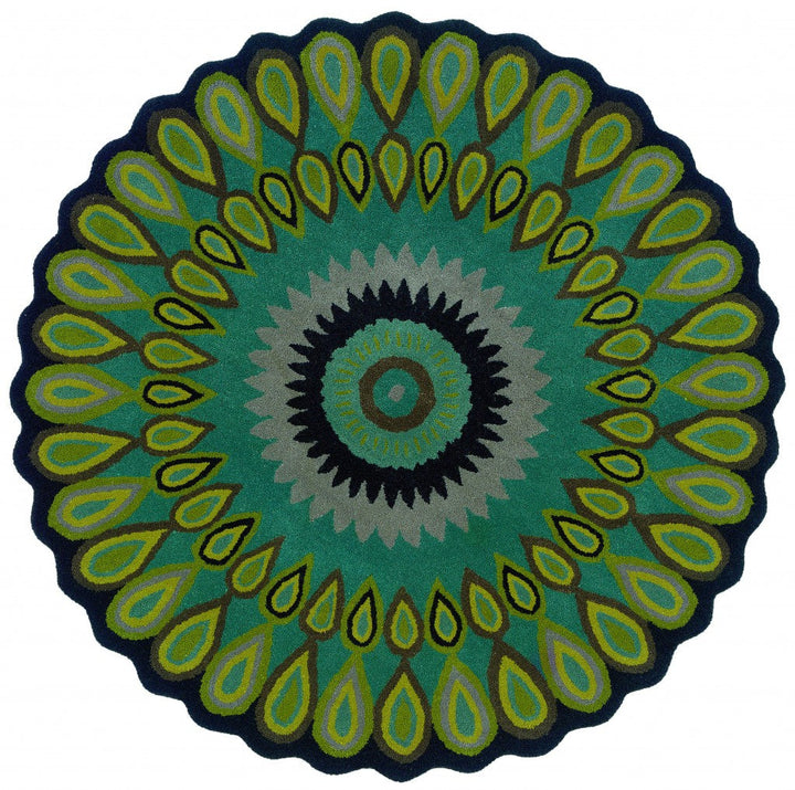 8 Round Green Peacock Feather Area Rug Image 1