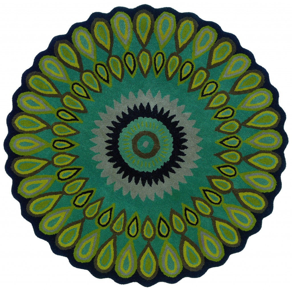 8 Round Green Peacock Feather Area Rug Image 10