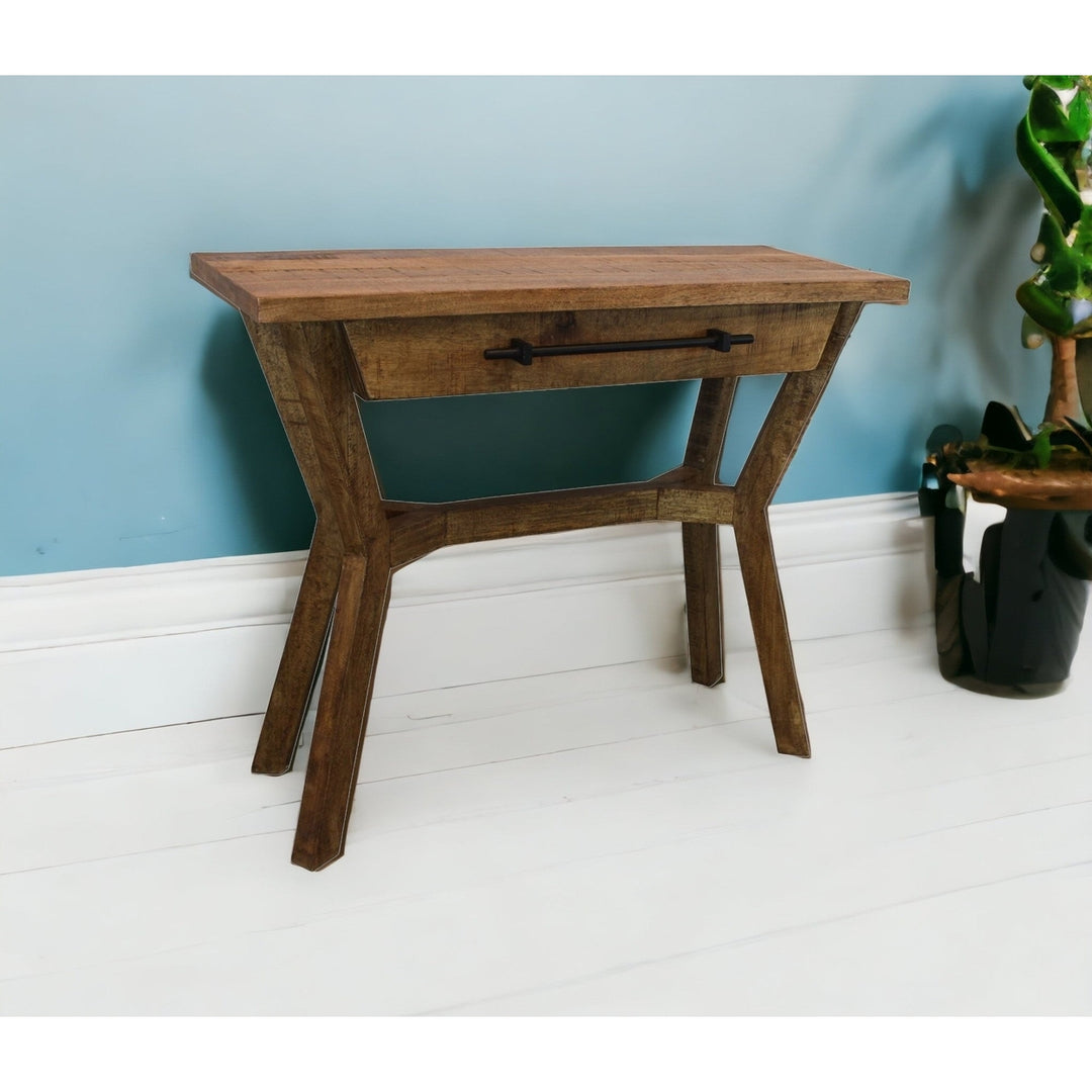 36" Natural Solid Wood Distressed Cross Leg Console Table With Storage Image 6