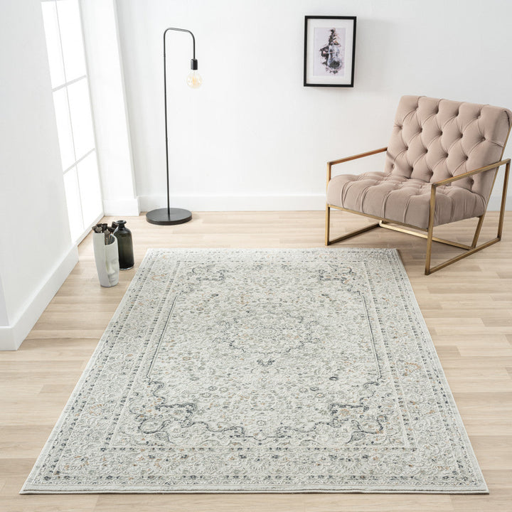 4 X 6 Ivory and Gray Floral Medallion Stain Resistant Area Rug Image 7