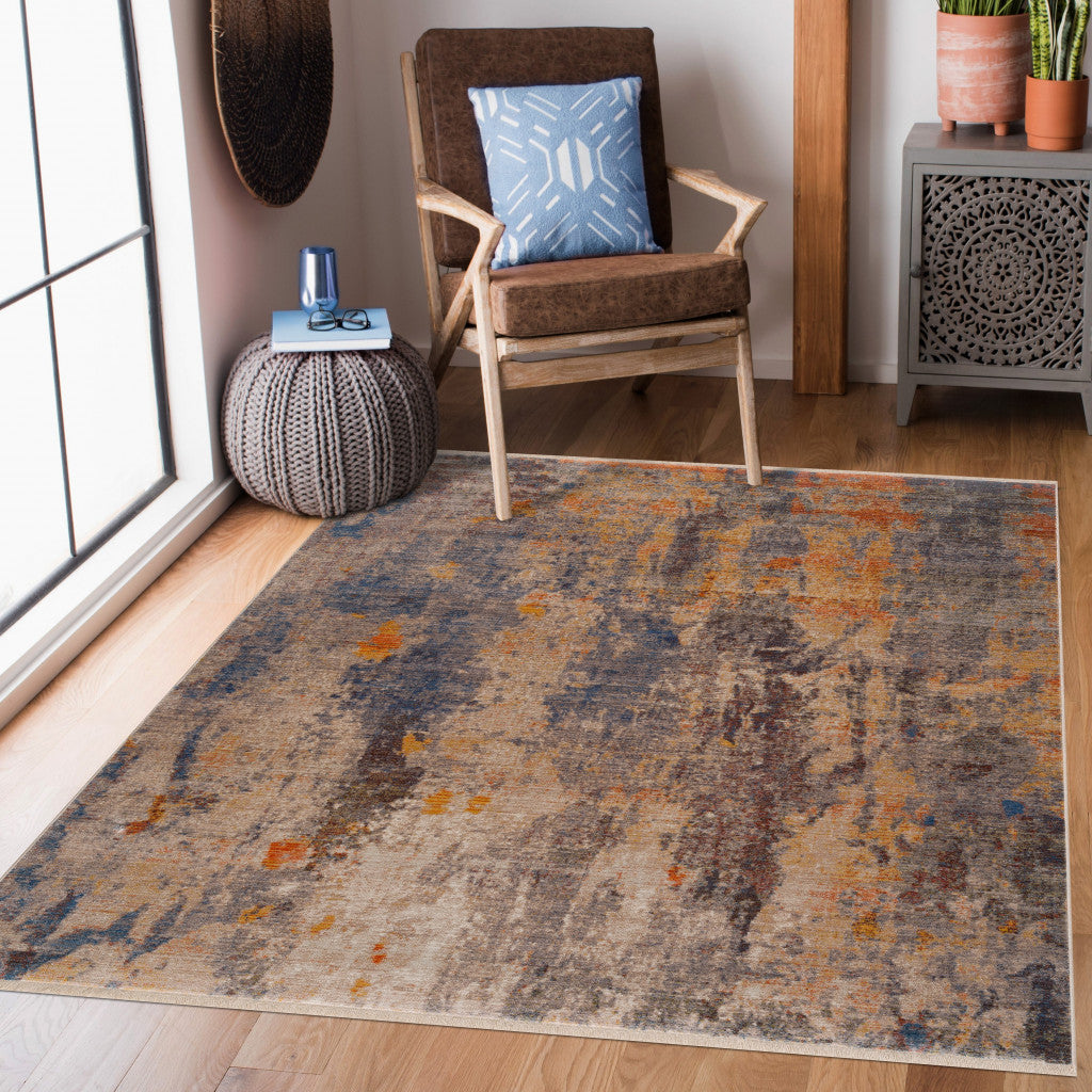 4 X 6 Gray Beige Blue And Yellow Abstract Power Loom Distressed Stain Resistant Area Rug Image 7