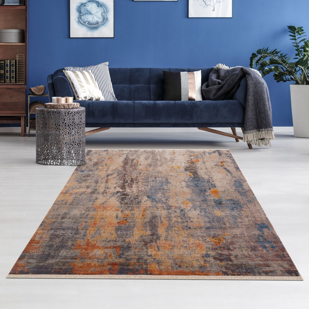 4 X 6 Gray Beige Blue And Yellow Abstract Power Loom Distressed Stain Resistant Area Rug Image 8