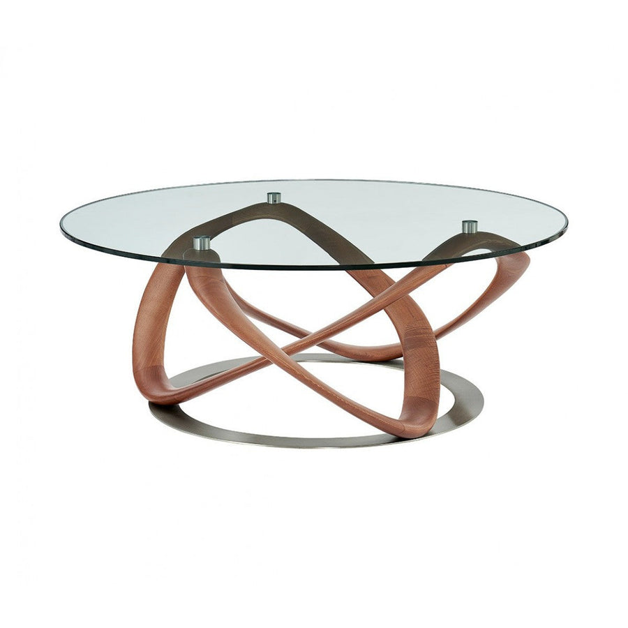 39" Walnut And Clear Glass Abstract Round Coffee Table Image 1