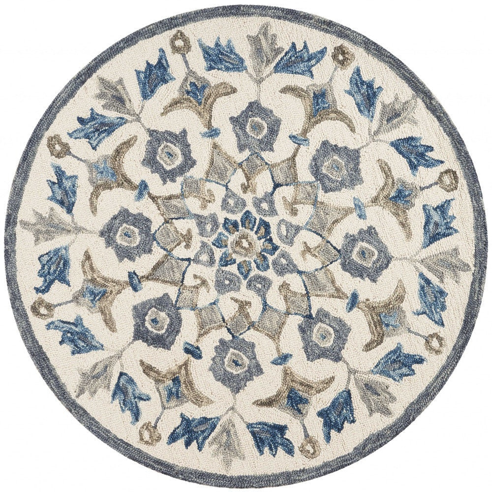 6 Round Blue Floral Oasis Area Rug Image 2