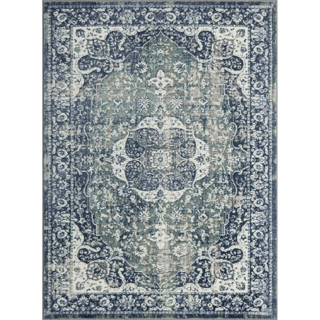 5 X 7 Blue Floral Stain Resistant Area Rug Image 1