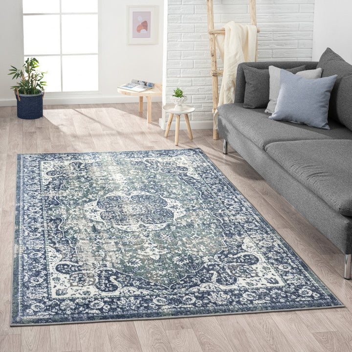 5 X 7 Blue Floral Stain Resistant Area Rug Image 2