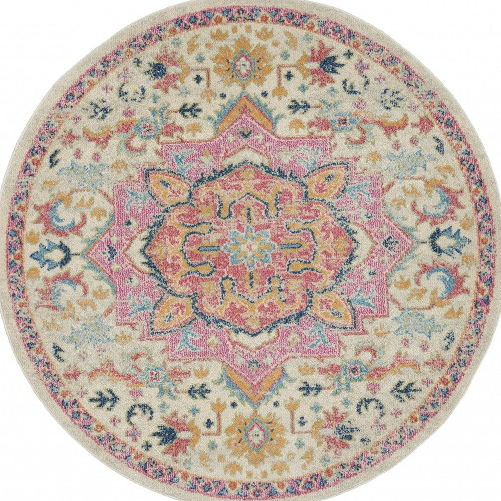 5 Pink And Ivory Round Southwestern Dhurrie Area Rug Image 3