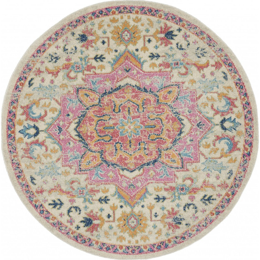 5 Pink And Ivory Round Southwestern Dhurrie Area Rug Image 11