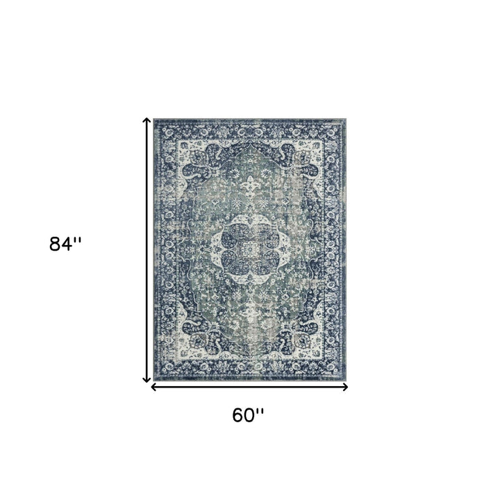 5 X 7 Blue Floral Stain Resistant Area Rug Image 8