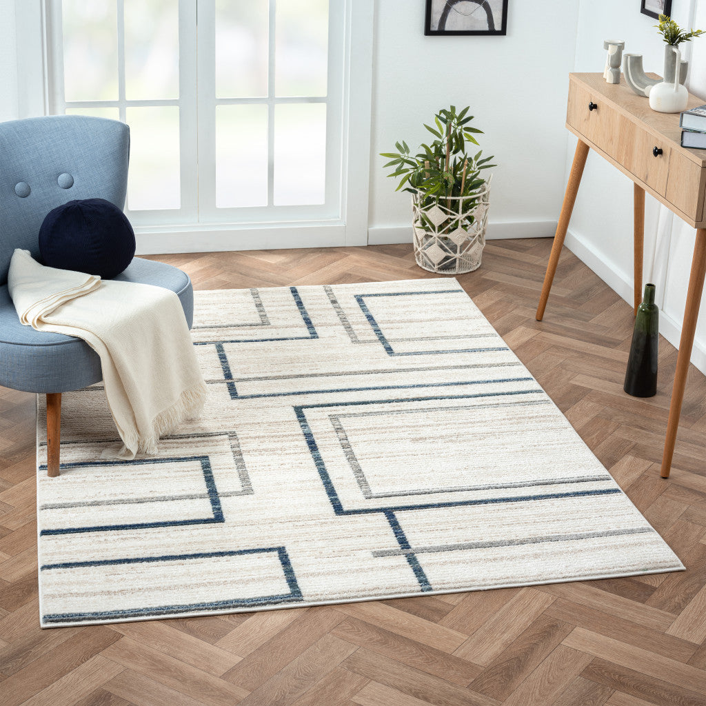 5 X 7 Ivory Blue and Gray Geometric Area Rug Image 4