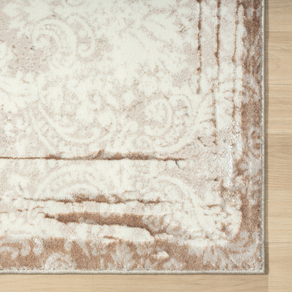 5 X 7 Cream Damask Stain Resistant Area Rug Image 4