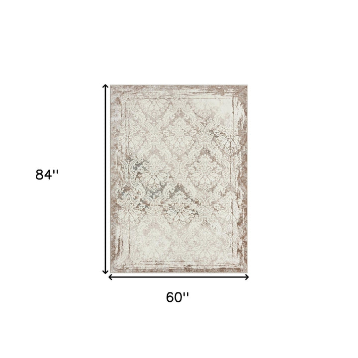 5 X 7 Cream Damask Stain Resistant Area Rug Image 8